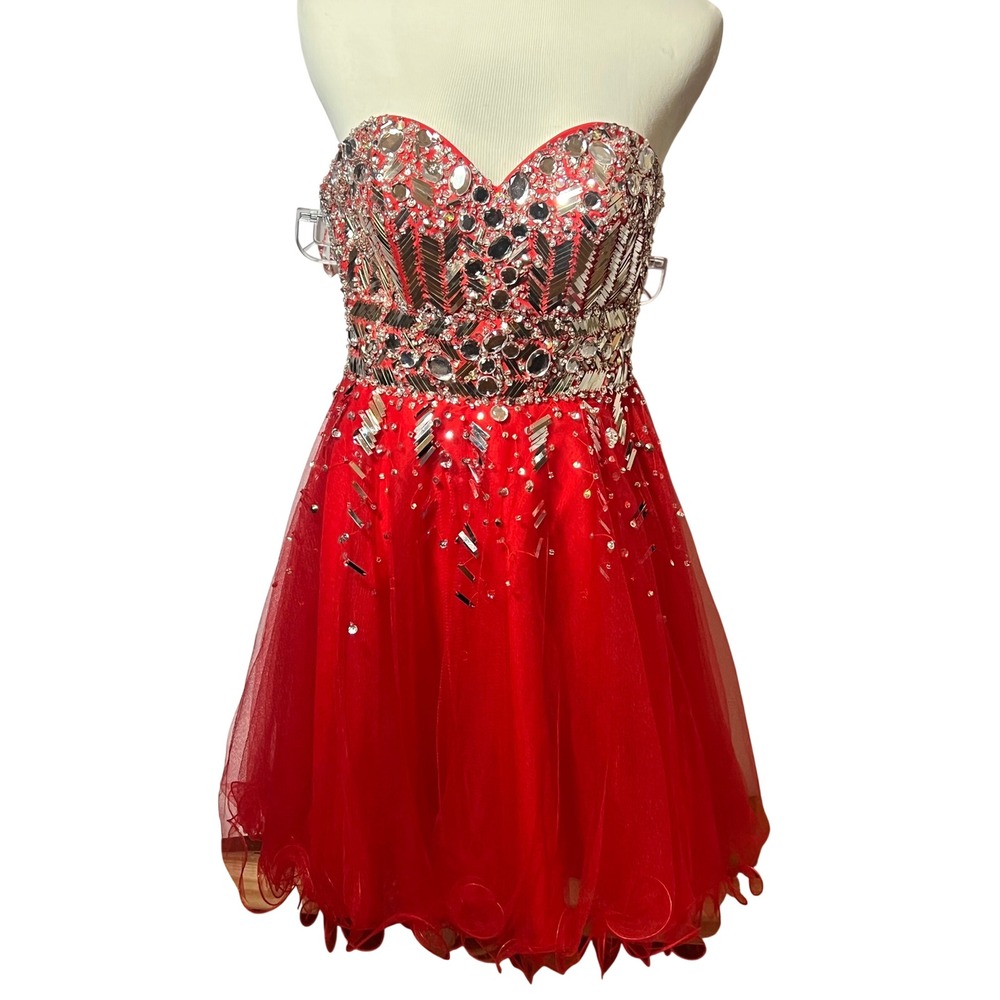 Y2K Red Embellished Bling Homecoming Formal Dress Strapless Tulle Mini Size 2